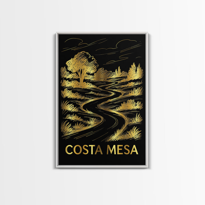 Costa Mesa Travel Poster, Framed Canvas Print, Black And Gold Line Art, Costa Mesa Art Print, Home Office Decor, Living Room Wall Art