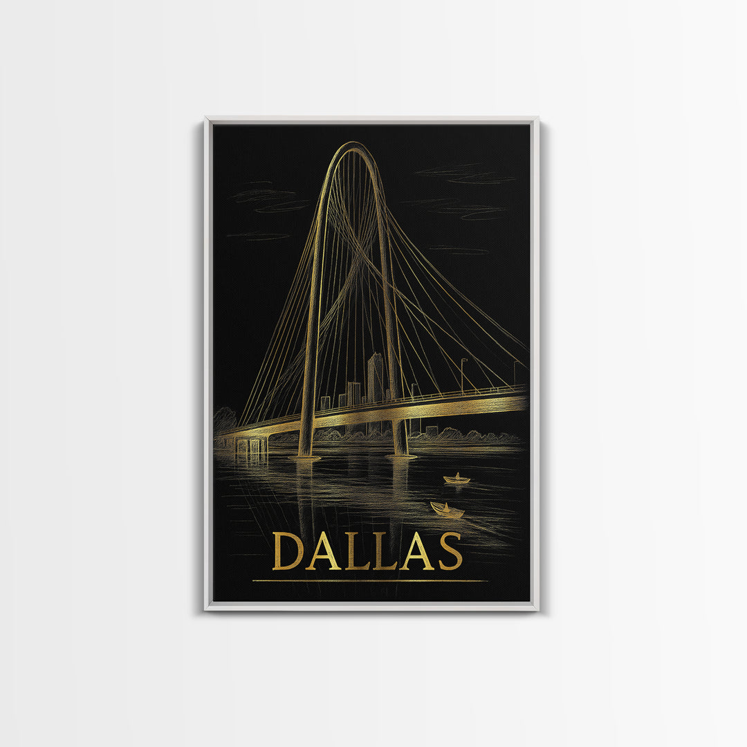 Dallas Travel Poster, Framed Canvas Print, Black And Gold Line Art, Dallas Wall Art, Fine Art Print, Vintage City Poster, City Illustration