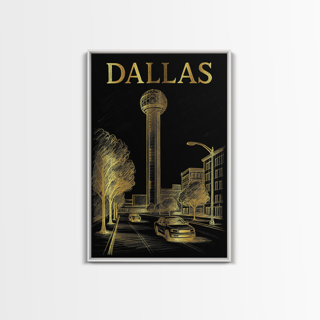 Dallas Travel Poster, Framed Canvas Print, Black And Gold Line Art, Dallas Poster Print, Vintage Travel Print, Travel Poster Set