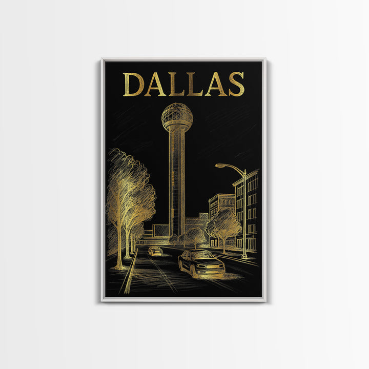 Dallas Travel Poster, Framed Canvas Print, Black And Gold Line Art, Dallas Poster Print, Vintage Travel Print, Travel Poster Set