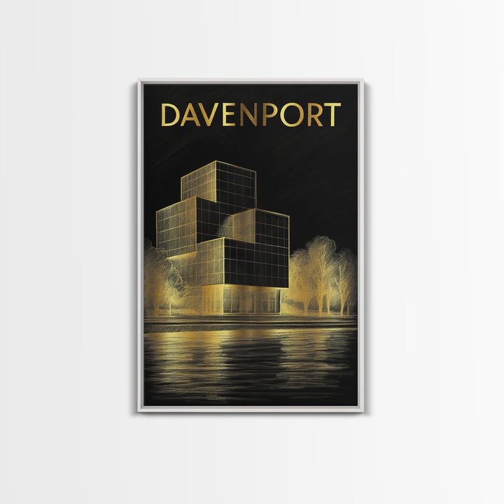 Davenport Iowa Travel Poster, Framed Canvas Print, Dark Background Poster Art, Davenport Wall Art, Gift For Travelers, Modern Wall Decor