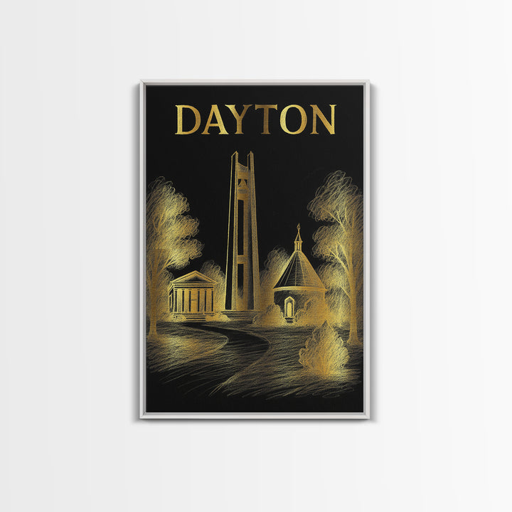 Dayton Ohio Travel Poster, Canvas Print, Black And Gold Line Art, Dayton Art Print, Travel Art Print, Gift For Travelers, Travel Print