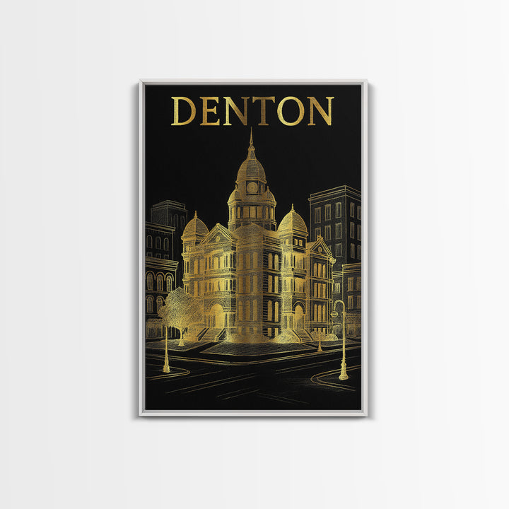 Denton Texas Travel Poster, Canvas Print, Black And Gold Line Art, Denton Travel Art, Vintage Travel Art, Travel Poster Art, Poster Art