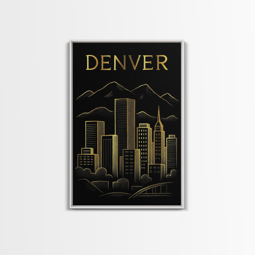 Denver Colorado Travel Poster, Canvas Print, Gold Sketch Wall Art, Denver Poster Print, Gift For Travelers, City Travel Prints, Poster Art