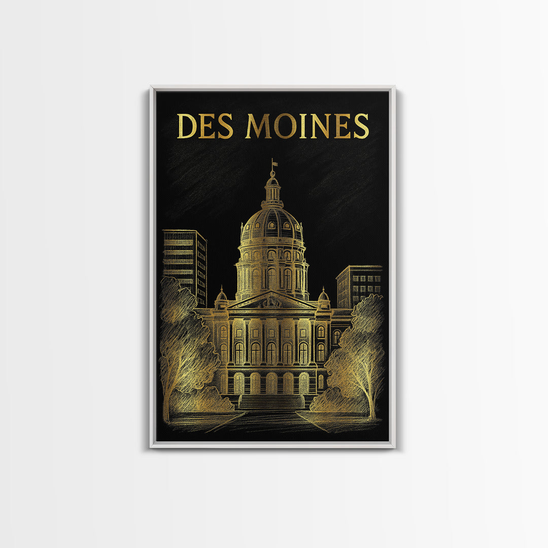 Des Moines Iowa Travel Poster, Canvas Print, Elegant Gold City Art, Des Moines Travel Art, Travel Art Print, Skyline Art, City Art Print