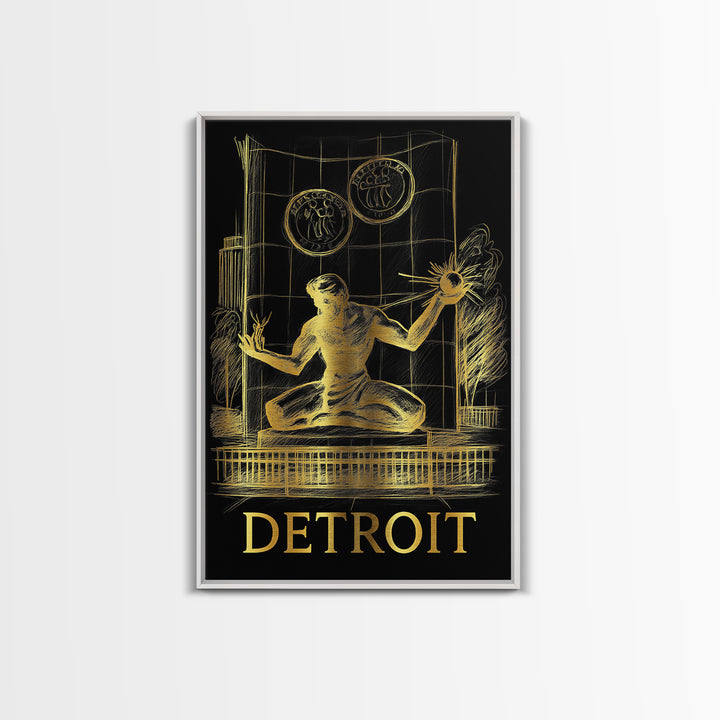 Detroit Travel Poster, Canvas Print, Gold Sketch Wall Art, Detroit Travel Art, Mid Century Wall Art, City Travel Prints, Home Office Decor