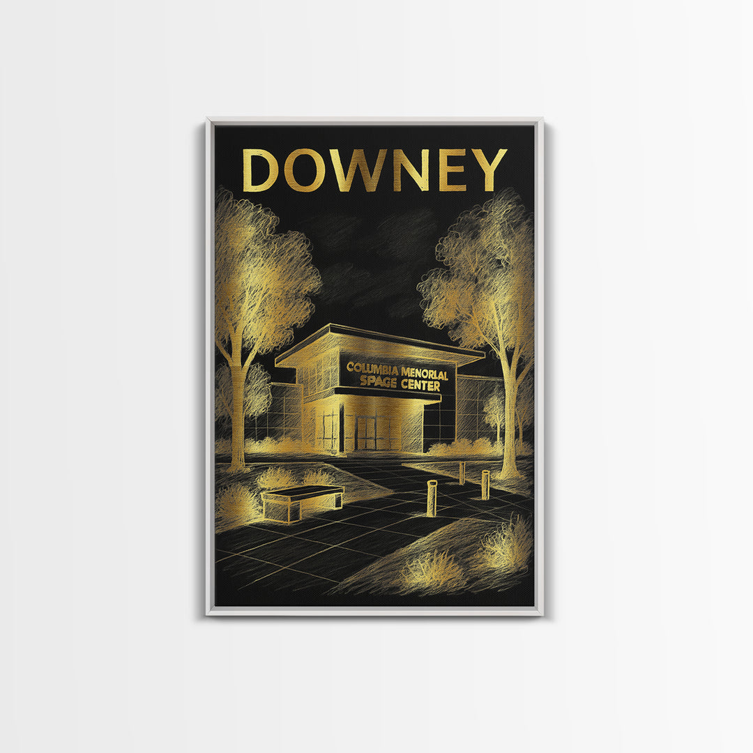 Downey California Travel Poster, Canvas Print, Gold Sketch Wall Art, Downey Wall Art, Travel Art, Vintage City Poster, Retro Travel Print