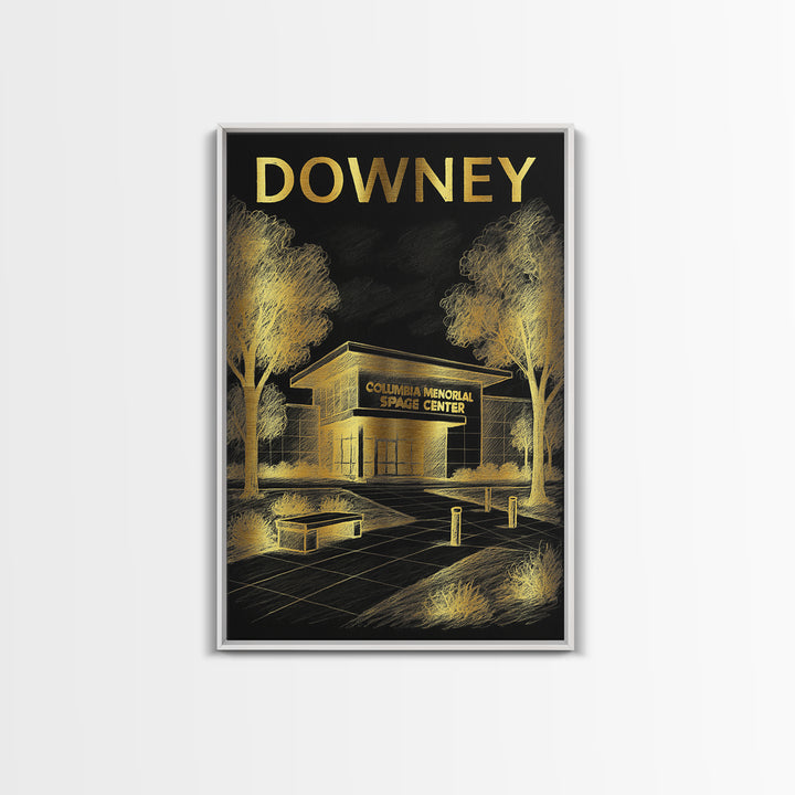 Downey California Travel Poster, Canvas Print, Gold Sketch Wall Art, Downey Wall Art, Travel Art, Vintage City Poster, Retro Travel Print