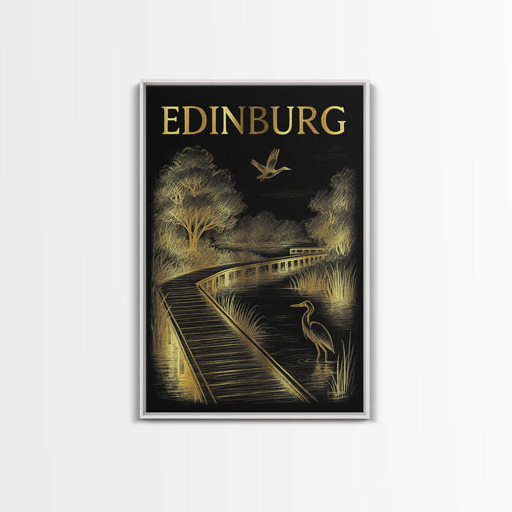 Edinburg Texas Travel Poster, Framed Canvas Print, Dark Background Poster Art, Edinburg Travel Art, Retro Travel Print, Travel Poster Art