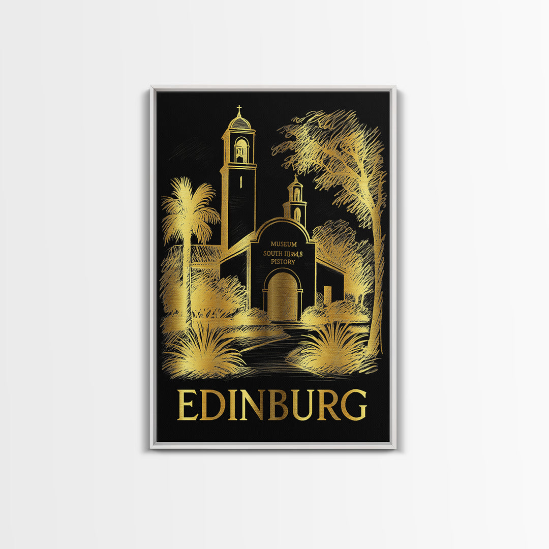 Edinburg Travel Poster, Framed Canvas Print, Black And Gold Line Art, Edinburg City Art, Retro Travel Print, Travel Art Print, Design 2