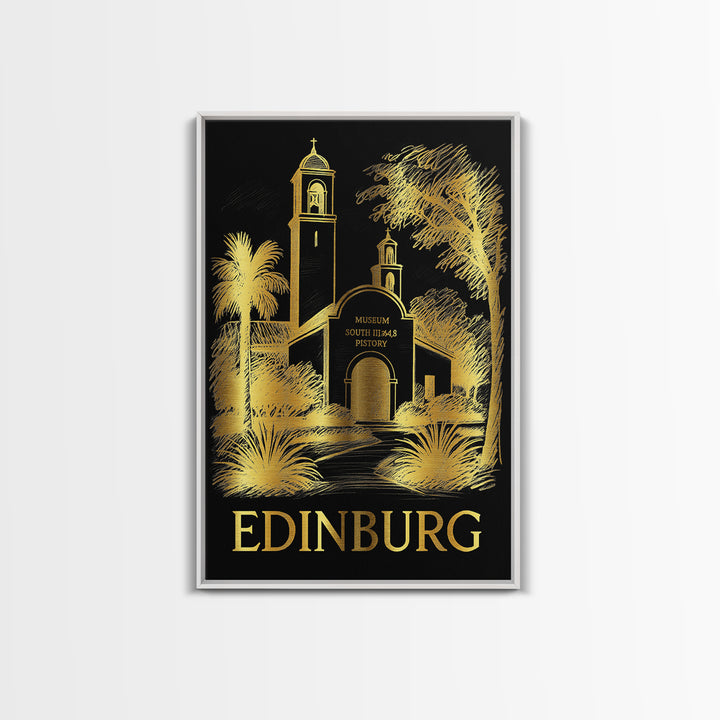 Edinburg Travel Poster, Framed Canvas Print, Black And Gold Line Art, Edinburg City Art, Retro Travel Print, Travel Art Print, Design 2