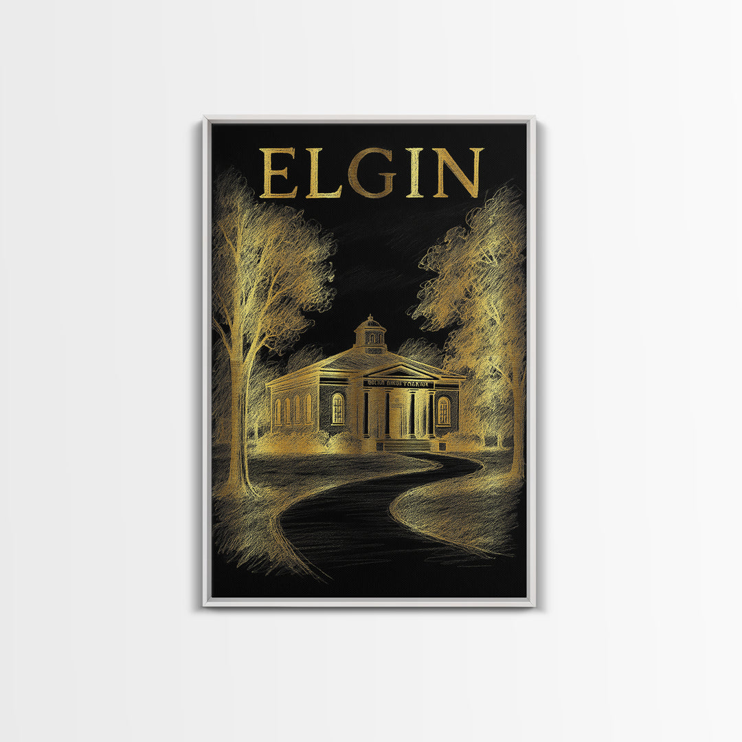 Elgin Illinois Travel Poster, Canvas Print, Gold Sketch Wall Art, Elgin City Art, Wall Art, Travel Poster Art, Retro Travel Print