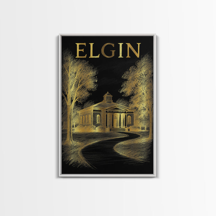 Elgin Illinois Travel Poster, Canvas Print, Gold Sketch Wall Art, Elgin City Art, Wall Art, Travel Poster Art, Retro Travel Print
