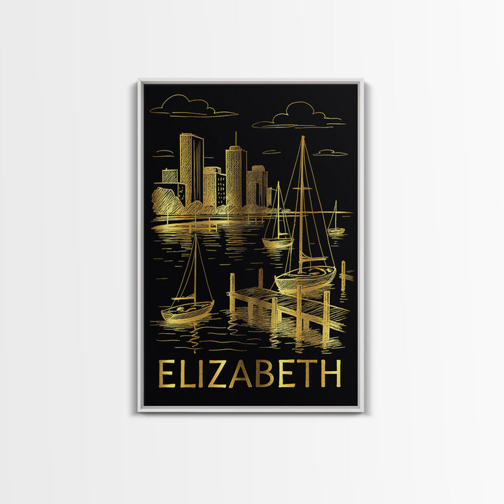 Elizabeth Travel Poster, Framed Canvas Print, Gold Sketch Wall Art, Elizabeth Art Print, Travel Art Print, Wanderlust Decor, Poster Print