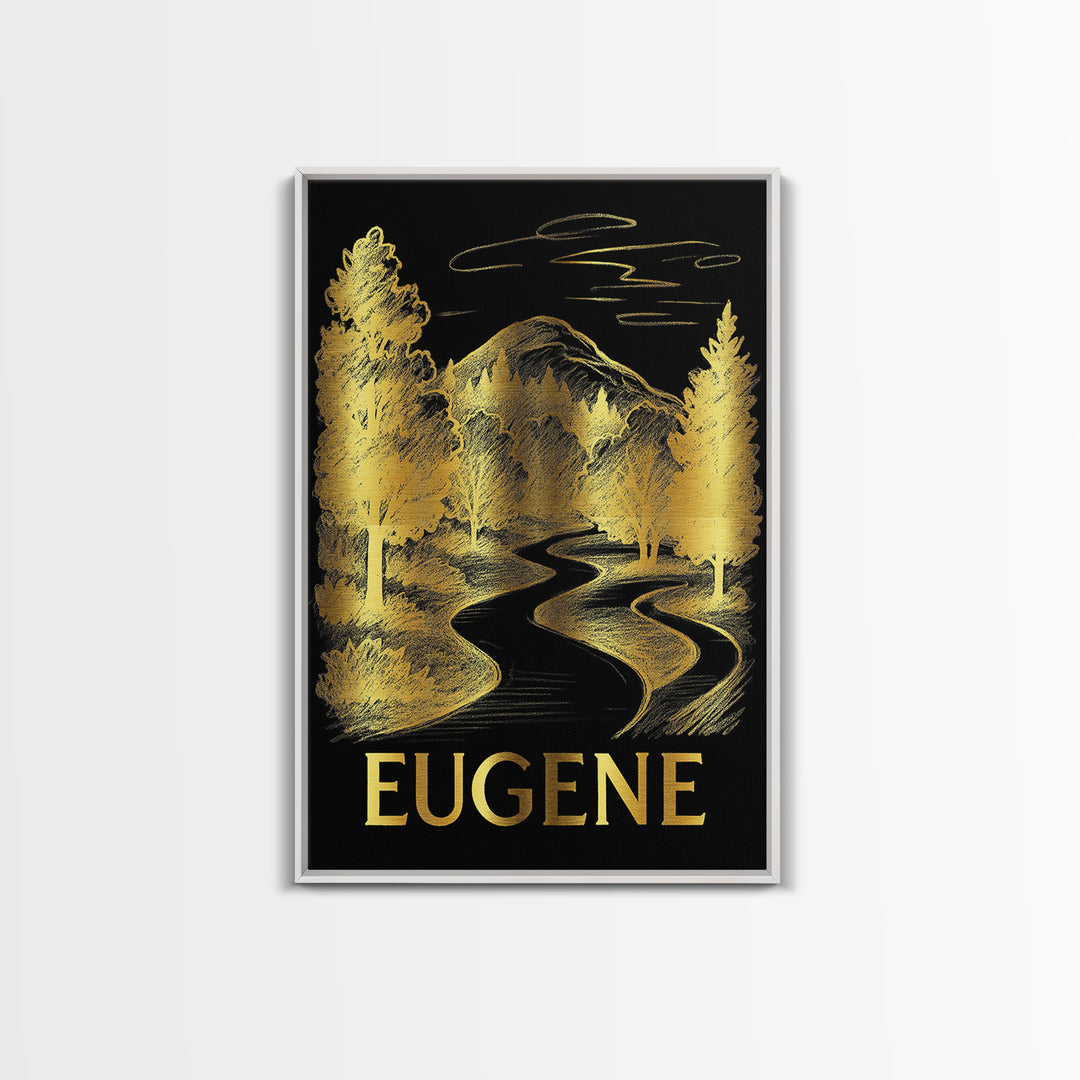 Eugene Travel Poster, Canvas Print, Black And Gold Line Art, Eugene Wall Art, Gift For Travelers, Living Room Wall Art, Wanderlust Decor