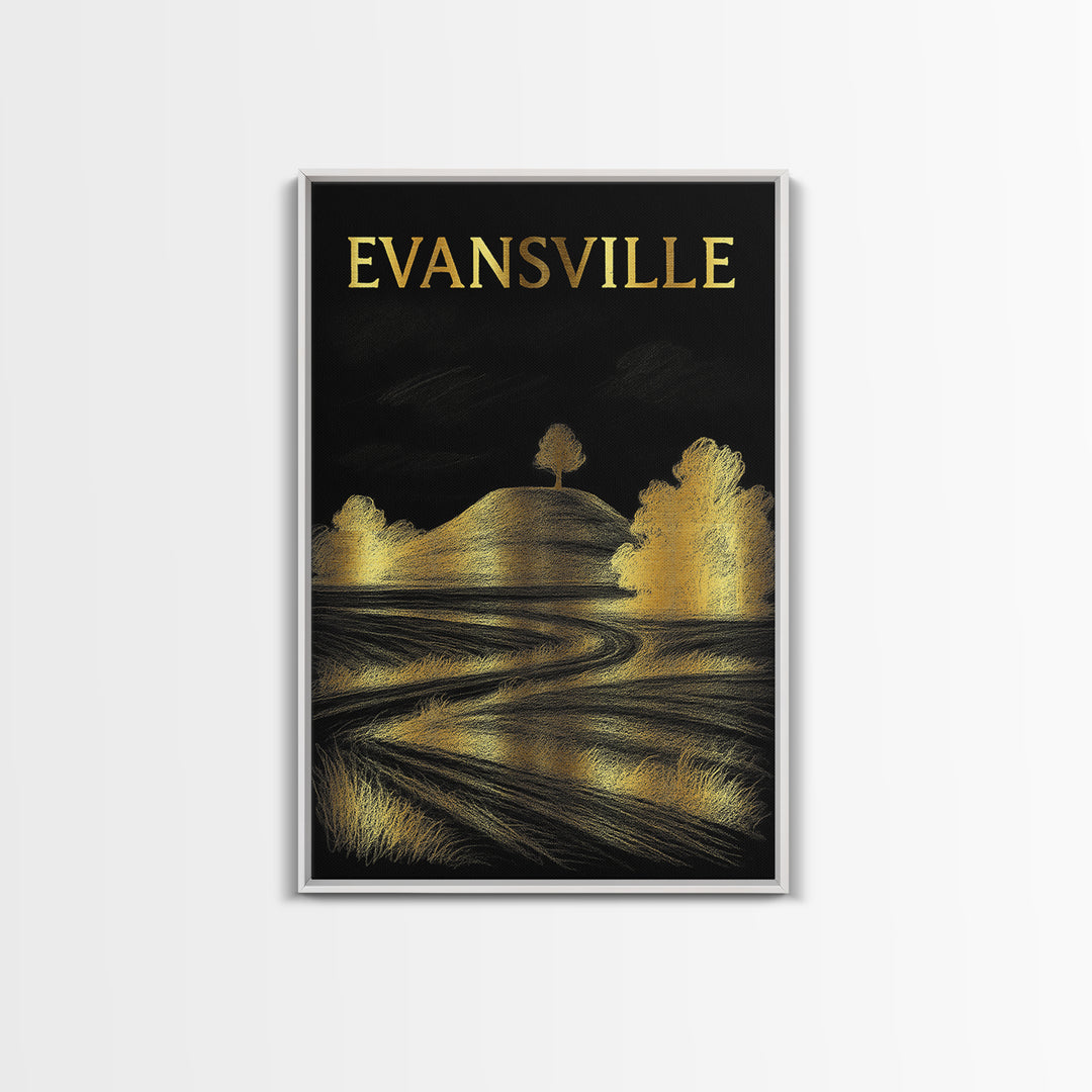 Evansville Indiana Travel Poster, Canvas Print, Elegant Gold City Art, Evansville Wall Art, City Art Print, Travel Wall Decor, Home Decor