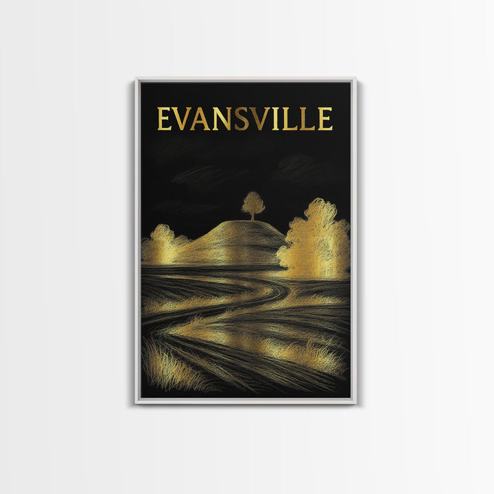 Evansville Indiana Travel Poster, Canvas Print, Elegant Gold City Art, Evansville Wall Art, City Art Print, Travel Wall Decor, Home Decor