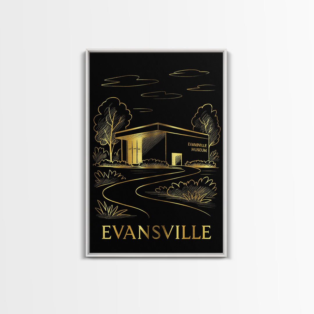 Evansville Travel Poster, Framed Canvas Print, Black And Gold Line Art, Evansville City Art, Home Office Decor, Mid Century Wall Art