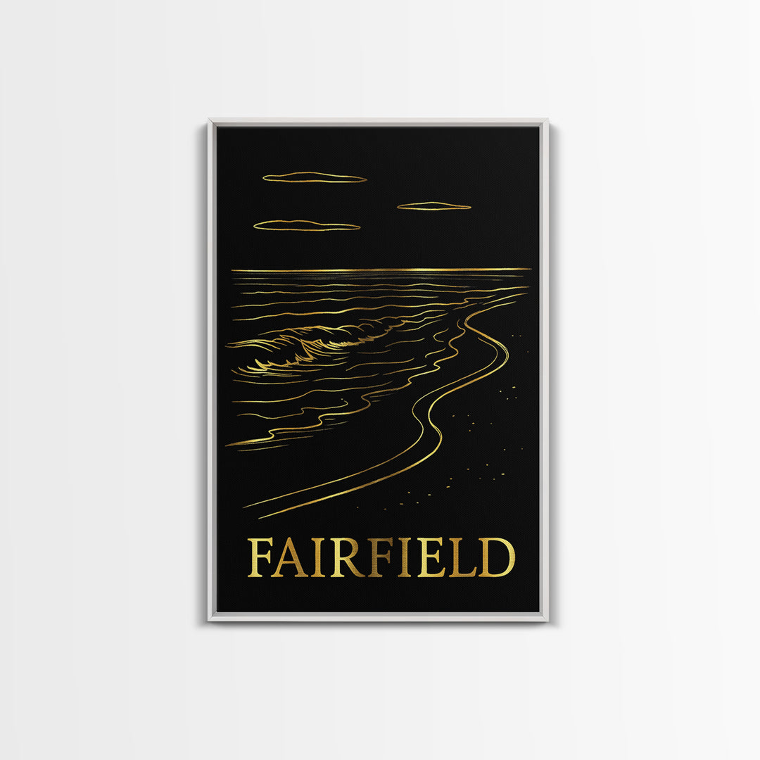 Fairfield Travel Poster, Framed Canvas Print, Black And Gold Line Art, Fairfield City Art, City Travel Prints, Watercolor Urban Skyline