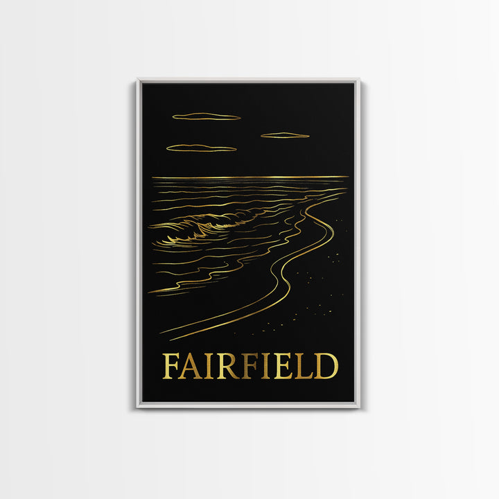 Fairfield Travel Poster, Framed Canvas Print, Black And Gold Line Art, Fairfield City Art, City Travel Prints, Watercolor Urban Skyline