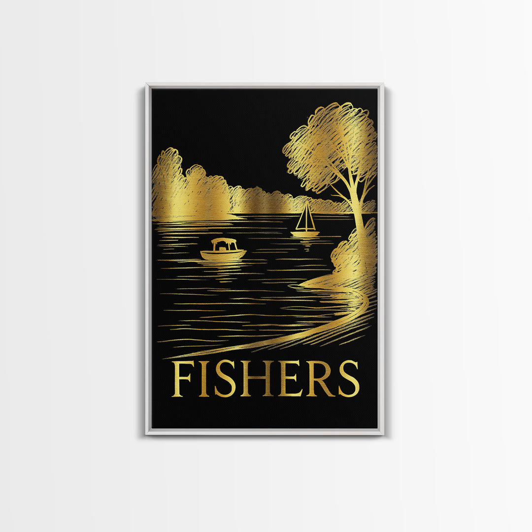 Fishers Travel Poster, Framed Canvas Print, Black And Gold Line Art, Fishers Travel Art, Vintage Travel Art, Vintage Travel Print