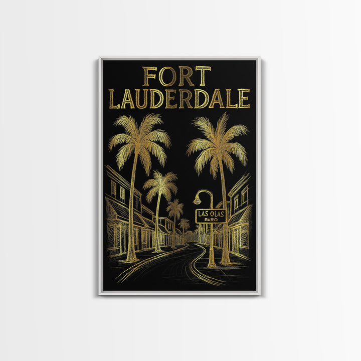 Fort Lauderdale Florida Travel Poster, Canvas Print, Elegant Gold City Art, Fort Lauderdale City Art, Travel Art Print, Watercolor Cityscape