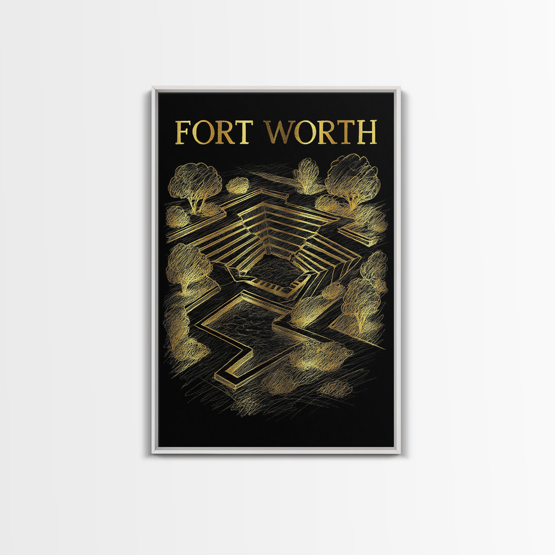 Fort Worth Texas Travel Poster, Framed Canvas Print, Gold Sketch Wall Art, Fort Worth City Art, City Illustration, Travel Wall Decor