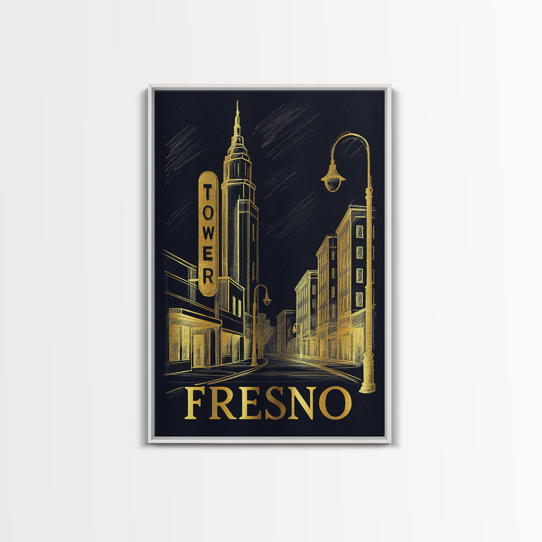 Fresno Travel Poster, Framed Canvas Print, Dark Background Poster Art, Fresno Wall Art, City Illustration, Vintage Travel Art, Design 2