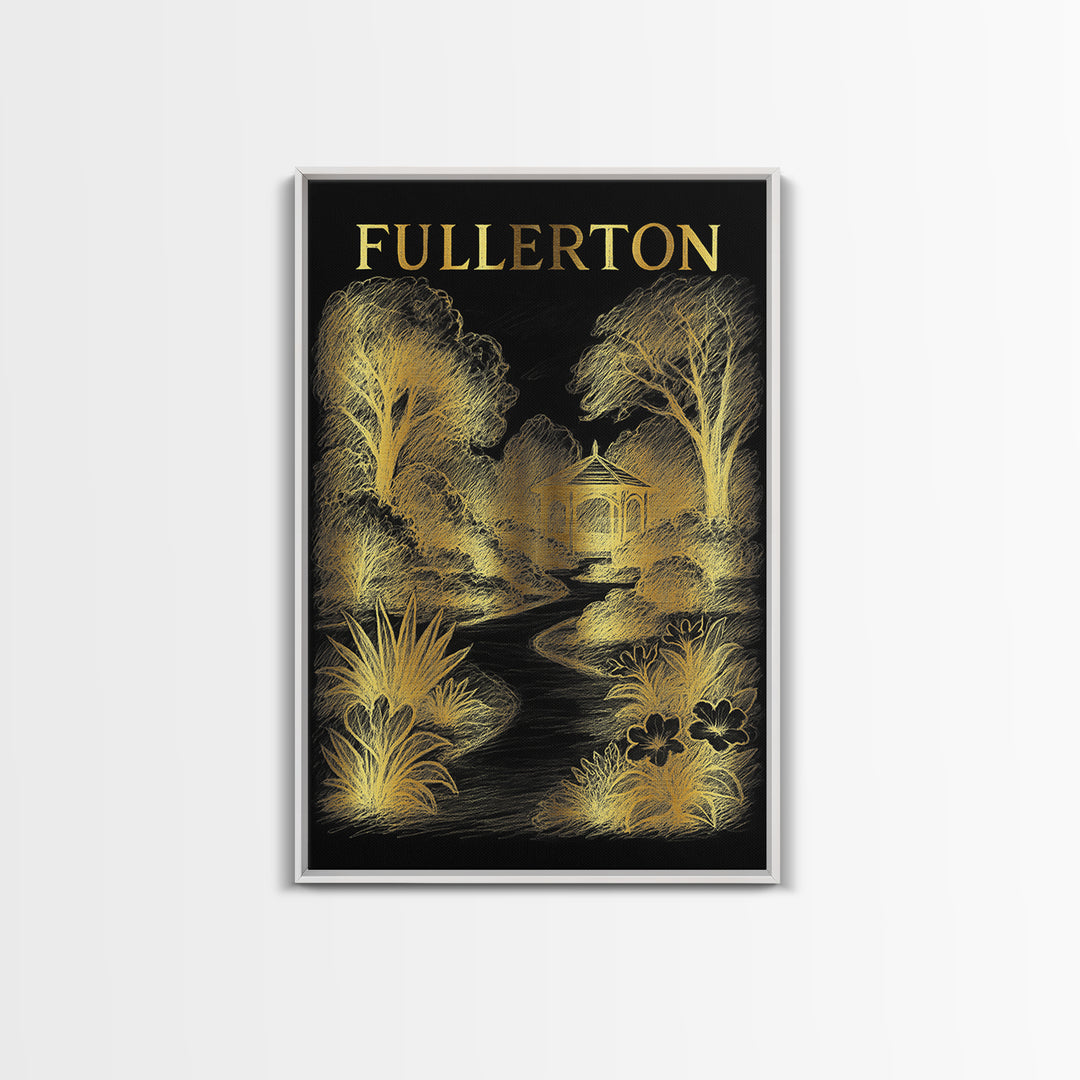 Fullerton California Travel Poster, Framed Canvas Print, Gold Sketch Wall Art, Fullerton Art Print, Home Office Decor, Retro Travel Print