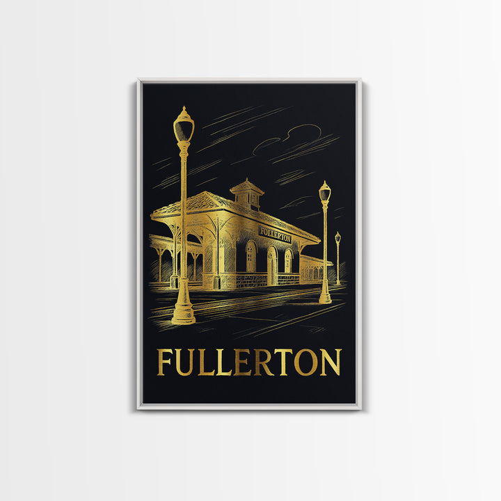 Fullerton Travel Poster, Framed Canvas Print, Black And Gold Line Art, Fullerton City Art, City Travel Prints, Retro Travel Print