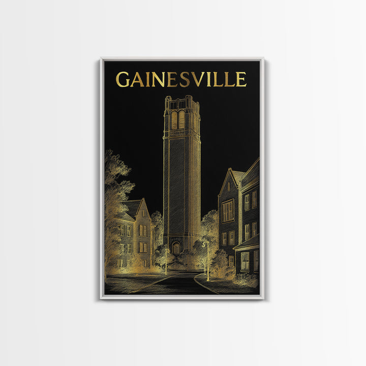 Gainesville Florida Travel Poster, Framed Canvas Print, Black And Gold Line Art, Gainesville Wall Art, Watercolor Skyline, City Art Print