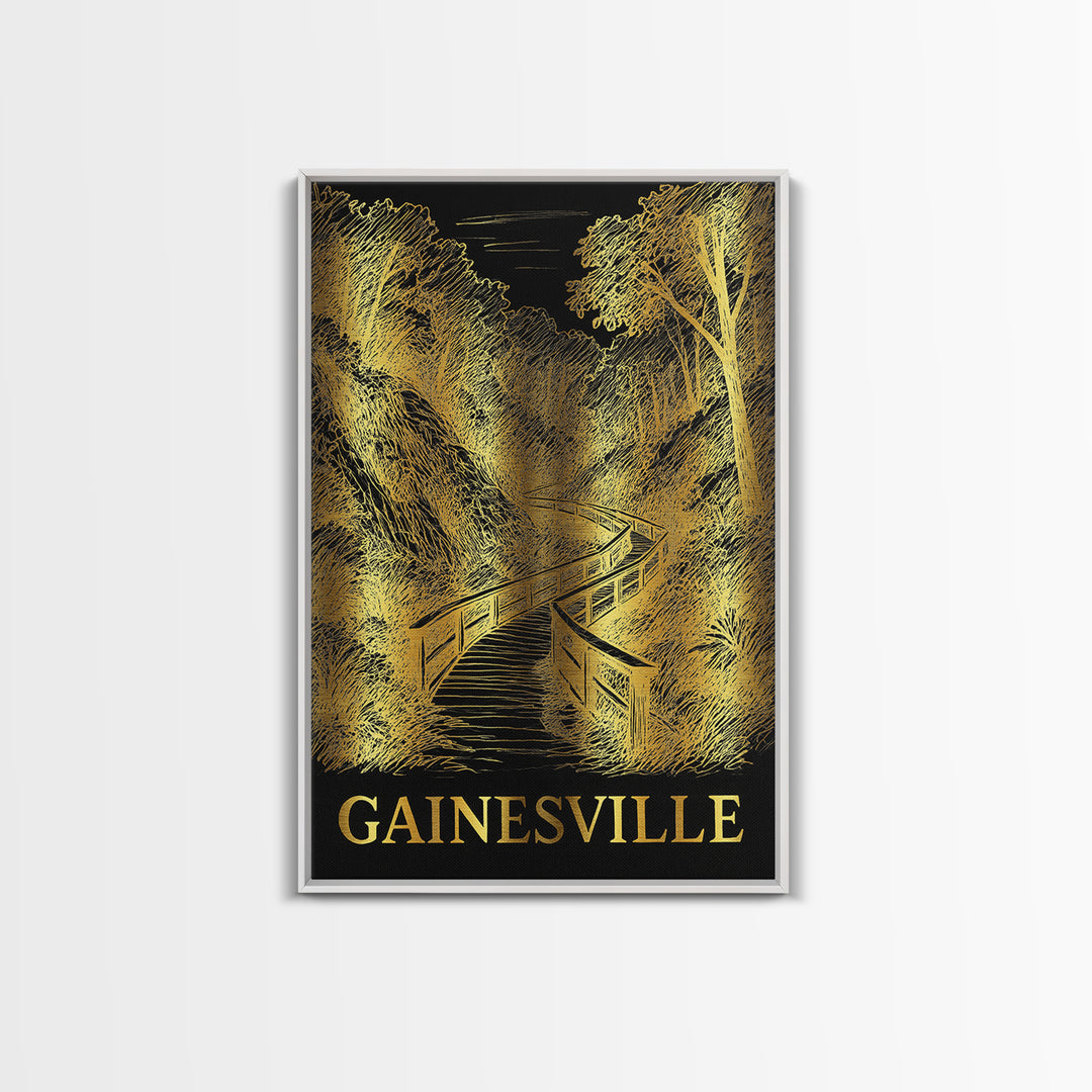 Gainesville Travel Poster, Framed Canvas Print, Gold Sketch Wall Art, Gainesville Poster Print, Living Room Wall Art, Eclectic Wall Decor