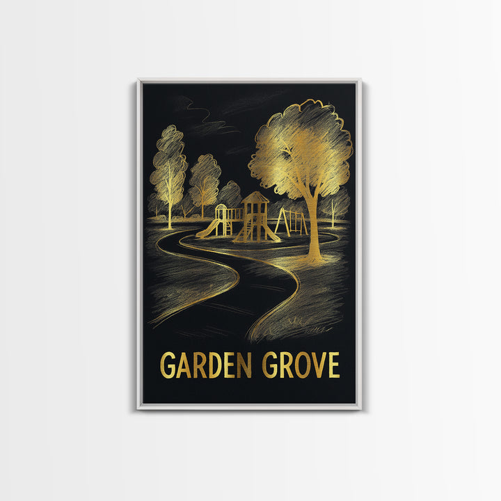 Garden Grove Travel Poster, Framed Canvas Print, Gold Sketch Wall Art, Garden Grove Poster Print, Mid Century Wall Art, Vintage City Art