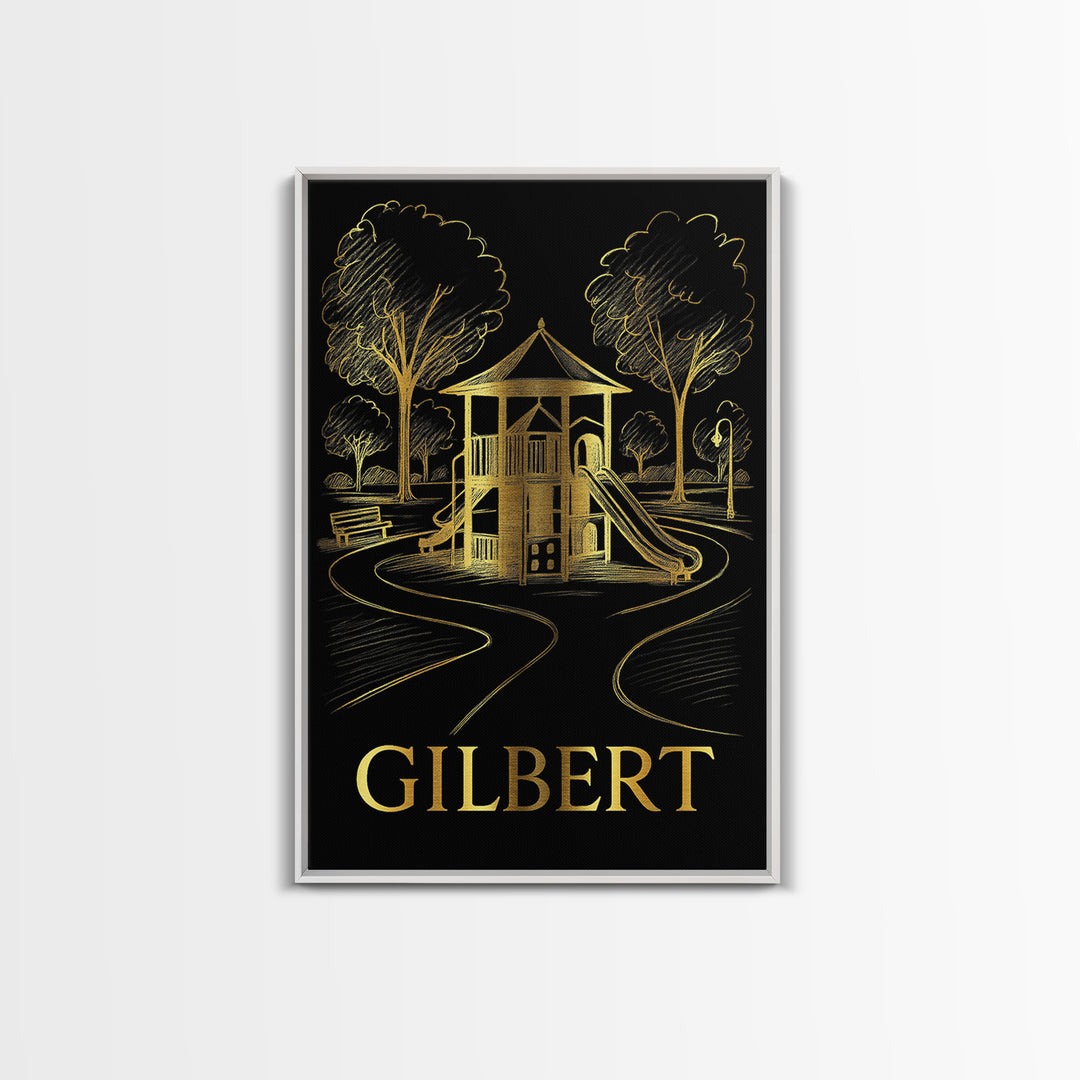 Gilbert Travel Poster, Framed Canvas Print, Gold Sketch Wall Art, Gilbert City Art, Travel Art Print, Eclectic Wall Decor, Fine Art Print