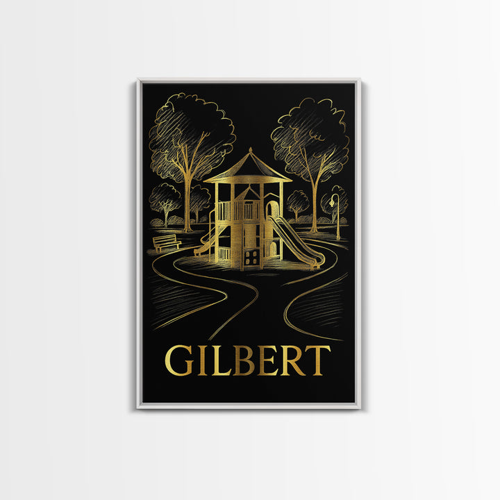 Gilbert Travel Poster, Framed Canvas Print, Gold Sketch Wall Art, Gilbert City Art, Travel Art Print, Eclectic Wall Decor, Fine Art Print