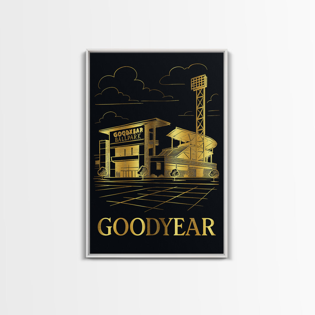 Goodyear Travel Poster, Framed Canvas Print, Gold Sketch Wall Art, Goodyear Travel Art, Eclectic Wall Decor, Living Room Wall Art