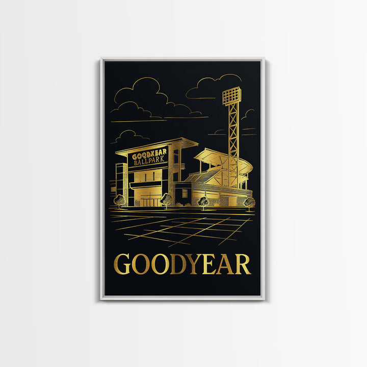 Goodyear Travel Poster, Framed Canvas Print, Gold Sketch Wall Art, Goodyear Travel Art, Eclectic Wall Decor, Living Room Wall Art