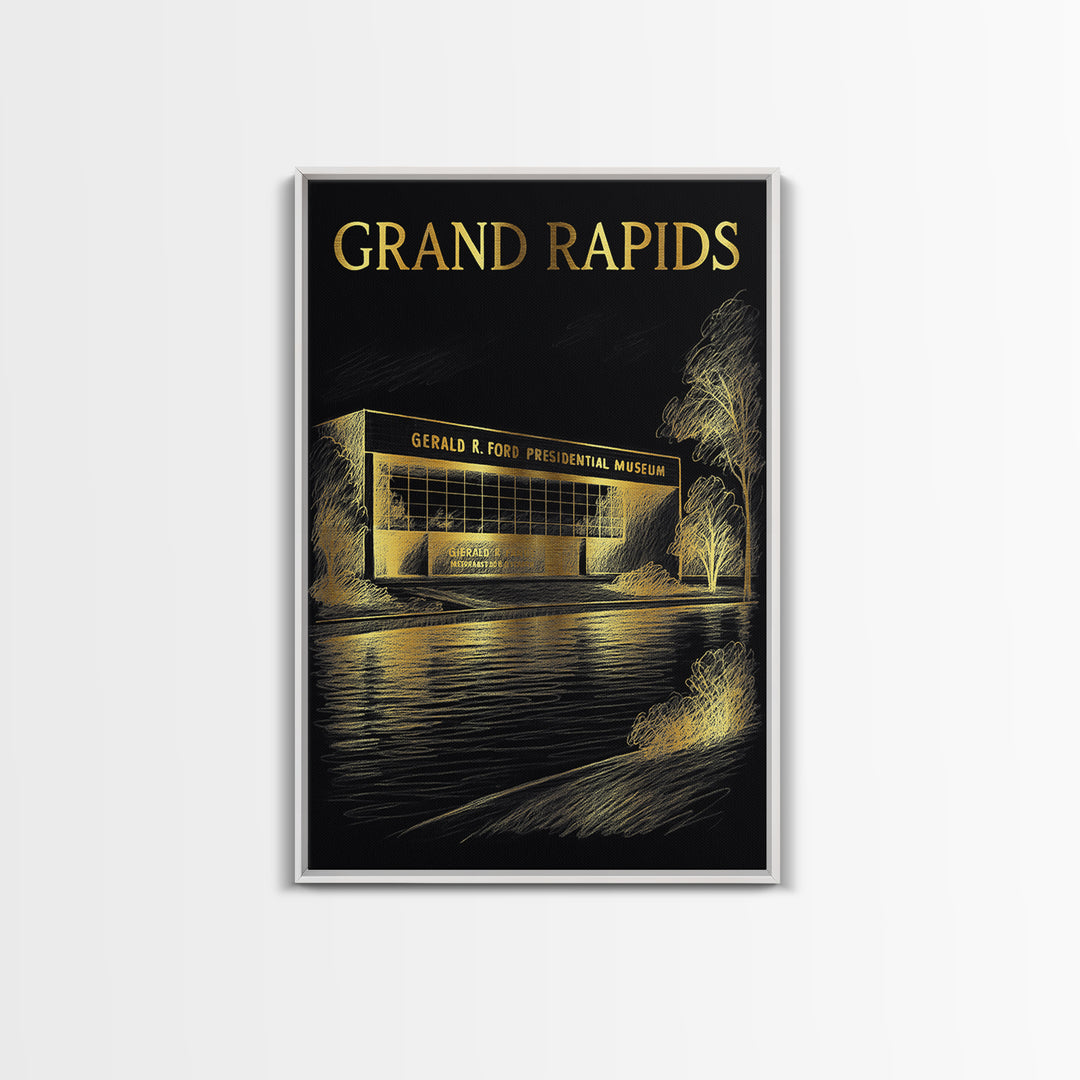 Grand Rapids Michigan Travel Poster, Canvas Print, Elegant Gold City Art, Grand Rapids Travel Art, Vintage City Art, Vintage City Poster
