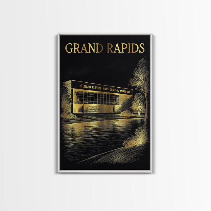 Grand Rapids Michigan Travel Poster, Canvas Print, Elegant Gold City Art, Grand Rapids Travel Art, Vintage City Art, Vintage City Poster