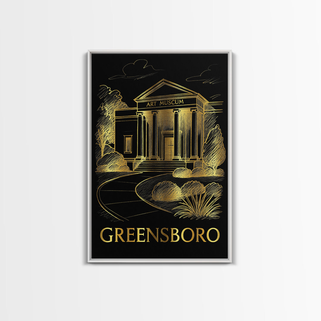 Greensboro Travel Poster, Framed Canvas Print, Black And Gold Line Art, Greensboro Poster Print, Travel Poster Set, Retro Travel Print