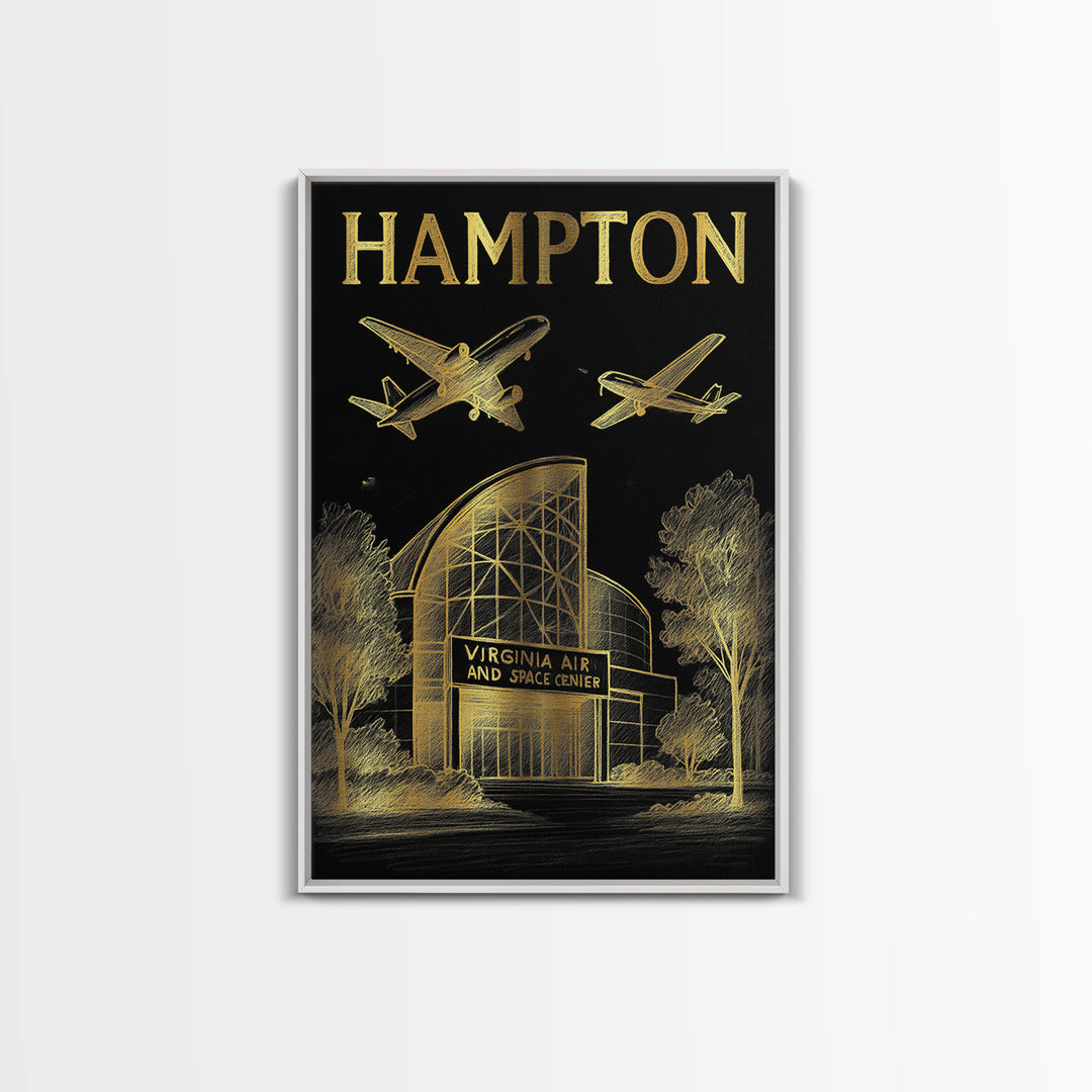 Hampton Virginia Travel Poster, Framed Canvas Print, Black And Gold Line Art, Hampton Art Print, Home Office Decor, Eclectic Wall Decor
