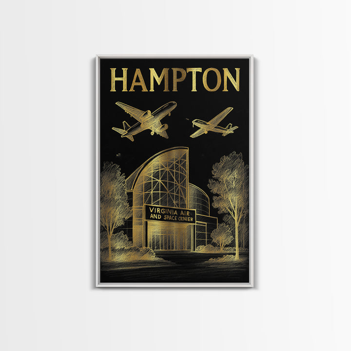 Hampton Virginia Travel Poster, Framed Canvas Print, Black And Gold Line Art, Hampton Art Print, Home Office Decor, Eclectic Wall Decor