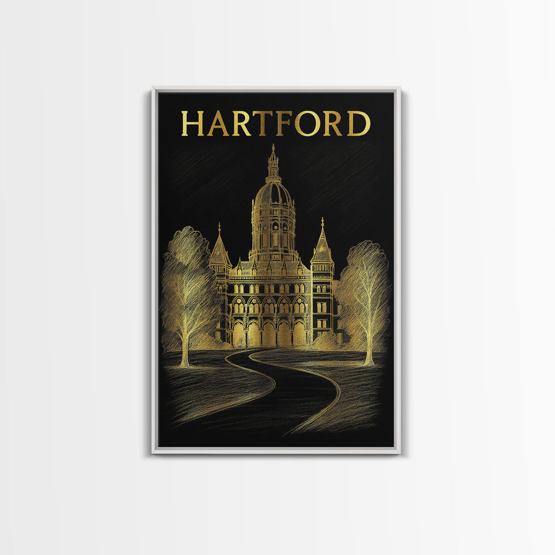 Hartford Connecticut Travel Poster, Canvas Print, Black And Gold Line Art, Hartford Wall Art, Travel Art Print, Travel Wall Art