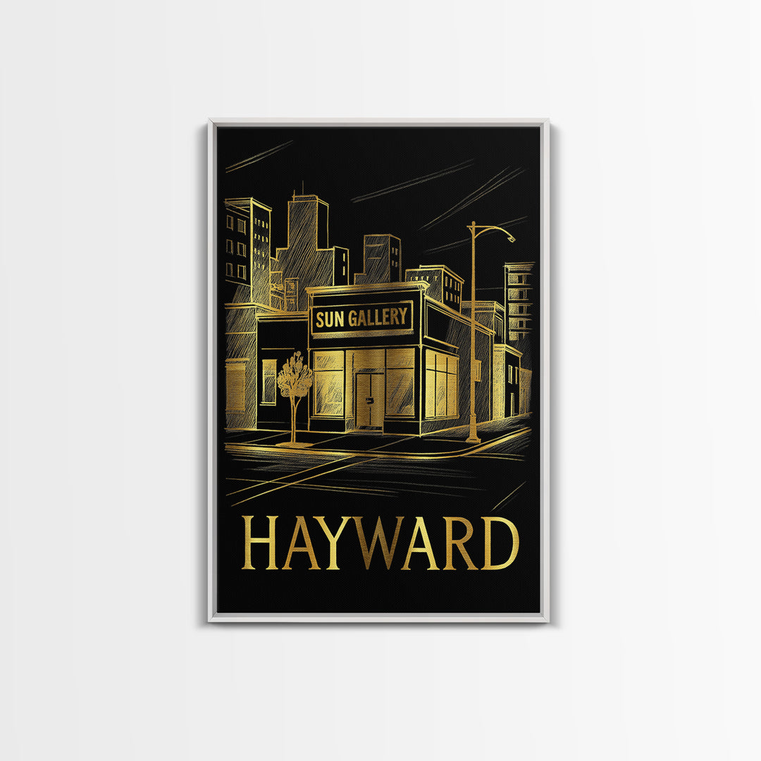 Hayward Travel Poster, Framed Canvas Print, Gold Sketch Wall Art, Hayward Travel Art, Travel Poster Set, City Illustration, Vintage Print