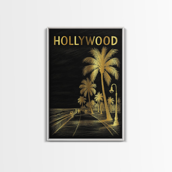 Hollywood Florida Travel Poster, Canvas Print, Dark Background Poster Art, Hollywood Poster Print, Watercolor City Skyline, Travel Print