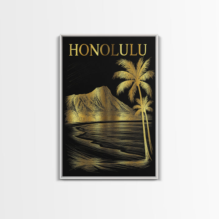 Honolulu Hawaii Travel Poster, Canvas Print, Black And Gold Line Art, Honolulu City Art, Travel Wall Decor, Home Office Decor, Design 1