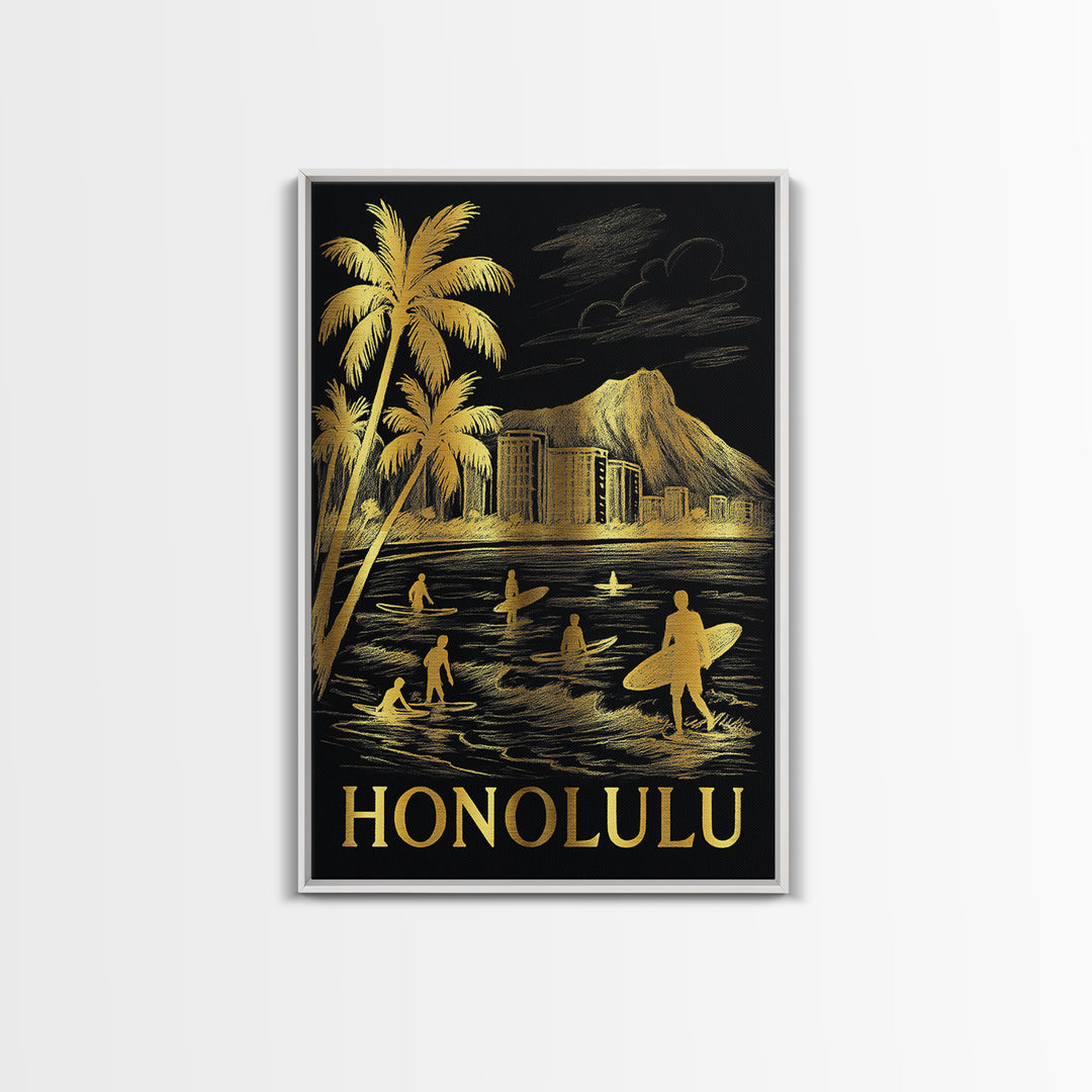 Honolulu Travel Poster, Canvas Print, Black And Gold Line Art, Honolulu Travel Art, Eclectic Wall Decor, Gift For Travelers, Poster Art