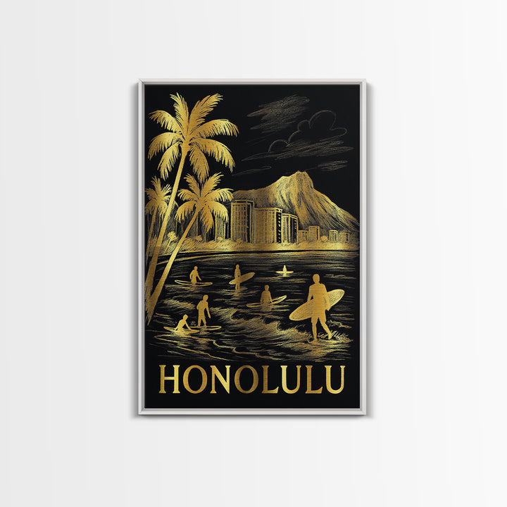 Honolulu Travel Poster, Canvas Print, Black And Gold Line Art, Honolulu Travel Art, Eclectic Wall Decor, Gift For Travelers, Poster Art
