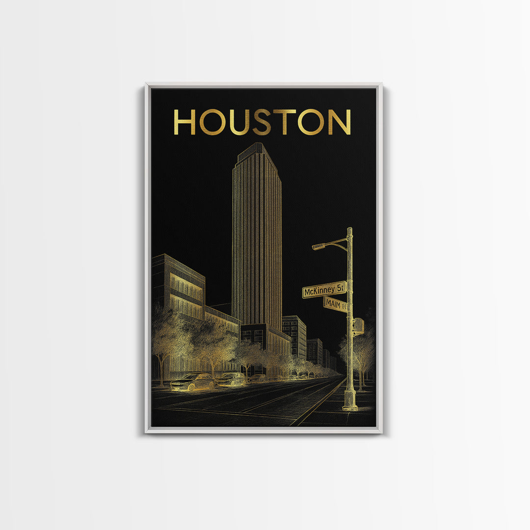 Houston Travel Poster, Canvas Print, Elegant Gold City Art, Houston Poster Print, Gift For Travelers, Travel Wall Art, City Art Print