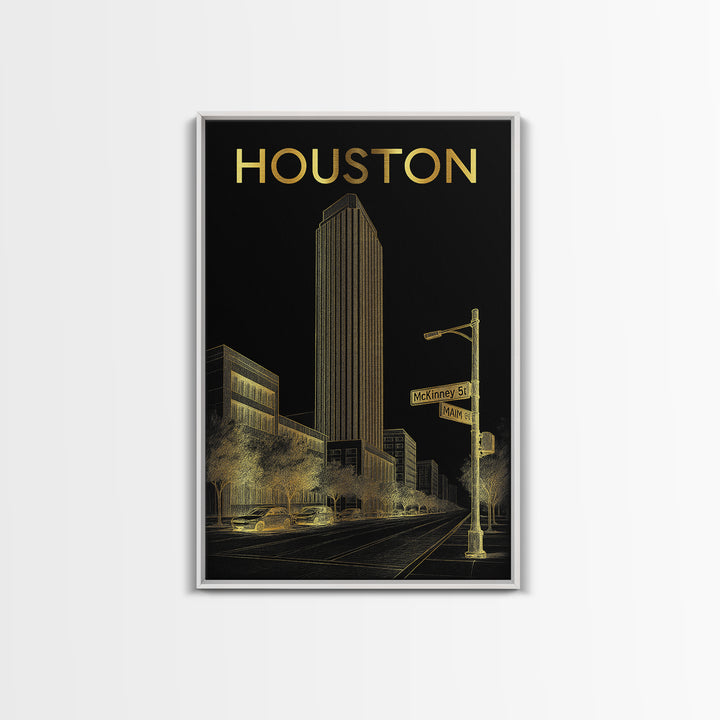 Houston Travel Poster, Canvas Print, Elegant Gold City Art, Houston Poster Print, Gift For Travelers, Travel Wall Art, City Art Print